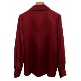 [Burgundy Satin Blouse] Long Sleeve Women's Elegant Burgundy Satin Blouse | Non-Sheer Polyester, 173gsm, Bow Tie Detail, Perfect for Spring/Autumn Office or Formal Wear