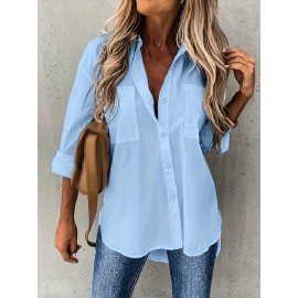 [Casual Button-Up Shirt] Relaxed Fit Women's Casual Long Sleeve Button-Up Shirt | Solid Color, 3/4 Sleeve Design with Chest Pocket, Versatile All-Season Top for Casual Attire
