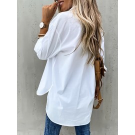 [Casual Button-Up Shirt] Relaxed Fit Women's Casual Long Sleeve Button-Up Shirt | Solid Color, 3/4 Sleeve Design with Chest Pocket, Versatile All-Season Top for Casual Attire