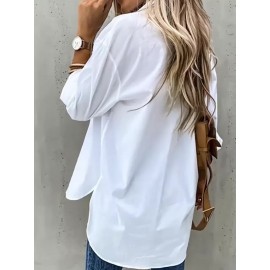 [Casual Button-Up Shirt] Relaxed Fit Women's Casual Long Sleeve Button-Up Shirt | Solid Color, 3/4 Sleeve Design with Chest Pocket, Versatile All-Season Top for Casual Attire