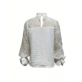 Women'S Elegant Lace-Trimmed Blouse with Puff Sleeves & High Neck - Chic White & Beige Contrast Design, Perfect for Spring/Summer/Fall, Versatile Fashion Top, Spring Summer Fashion, Sophisticated Style, Intricate Lace Detailing