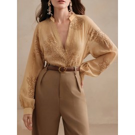 Elegant French Embroidered V-Neck Long Sleeve Blouse for Women - Chic Button-Up Shirt with Floral Pattern, Perfect for Business or Casual Outfits, Spring/Summer/Fall, Ladies Blouses