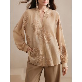 Elegant French Embroidered V-Neck Long Sleeve Blouse for Women - Chic Button-Up Shirt with Floral Pattern, Perfect for Business or Casual Outfits, Spring/Summer/Fall, Ladies Blouses