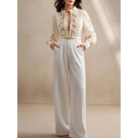 Women's Elegant Lace-Trimmed Semi-Sheer Long Sleeve Shirt - Stand Collar Button-Up Blouse with Chest Pockets, Lightweight 3-Season Top for Spring Summer Fall, Machine Washable, Casual Chic Wear, Sophisticated Detailing