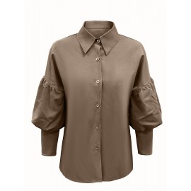 [Women's Elegant Blouse (ZD301)] Women's Elegant Solid Color Brown Puffed Sleeve Lapel Collar Blouse - Single-Breasted H-Line Regular Fit Shirt, Machine Washable All-Season Versatile Top for Casual & Formal Occasions (ZD301)