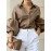 [Women's Elegant Blouse (ZD301)] Women's Elegant Solid Color Brown Puffed Sleeve Lapel Collar Blouse - Single-Breasted H-Line Regular Fit Shirt, Machine Washable All-Season Versatile Top for Casual & Formal Occasions (ZD301)