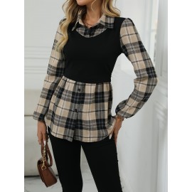 [Elegant Plaid Shirt] Elegant Geometric Plaid Print Button-Up Shirt for Adults - Autumn Casual & Formal Wear with Classic Collar, Machine Washable, Black & Beige Contrast