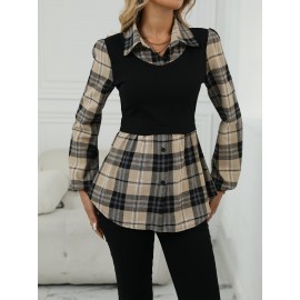 [Elegant Plaid Shirt] Elegant Geometric Plaid Print Button-Up Shirt for Adults - Autumn Casual & Formal Wear with Classic Collar, Machine Washable, Black & Beige Contrast