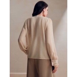 Women'S French-Inspired Elegant Long Sleeve Shirt with Ruffled Cuffs - Round Neck Pleated Design, Lightweight Beige Blouse for Spring Summer Fall, Versatile for Valentine'S Day, Vacation & Business Casual Outfits, Vacation Clothing, Soft Texture Top