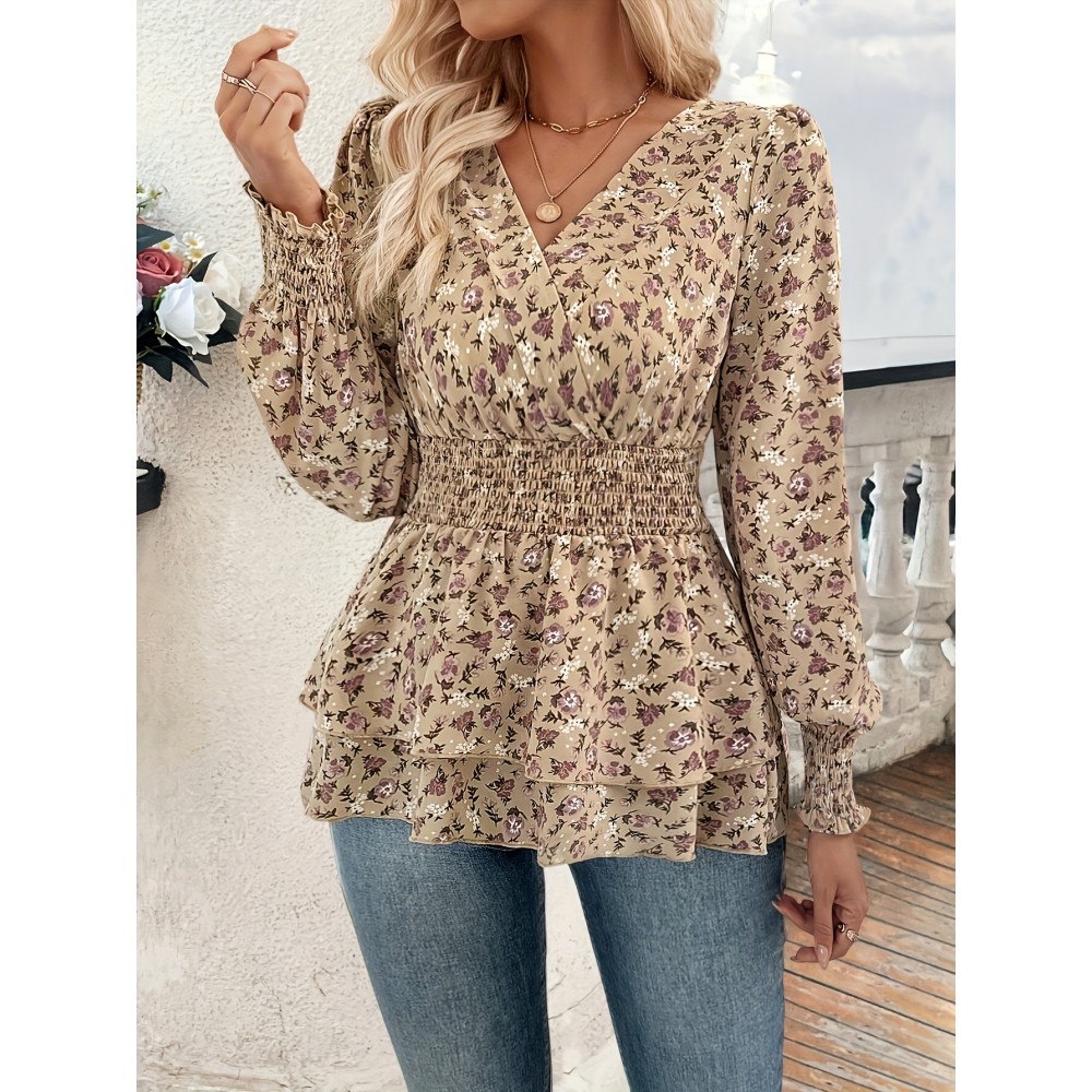 [Retro Floral Print Shirt] 100% Polyester Women's Elegant Retro Floral Print Shirt | Waist-Cinching, Criss Cross Neck, Woven Shirting for Outdoor & Autumn Season