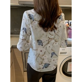 Women'S Elegant Floral and Butterfly Print Long Sleeve Shirt - Casual Turnover Collar, Single-Breasted POLO Style Top for Spring/Fall, Floral Print Blouse