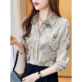 Women'S Elegant Floral and Butterfly Print Long Sleeve Shirt - Casual Turnover Collar, Single-Breasted POLO Style Top for Spring/Fall, Floral Print Blouse
