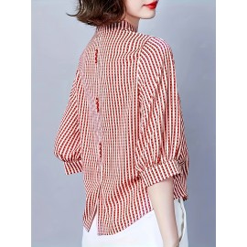 [Breathable Black & White] Elegant Women's Loose V-Neck Shirt With 3/4 Sleeves And An Asymmetrical Hem, Breathable Black And White Stripes For Spring, Summer, And Autumn
