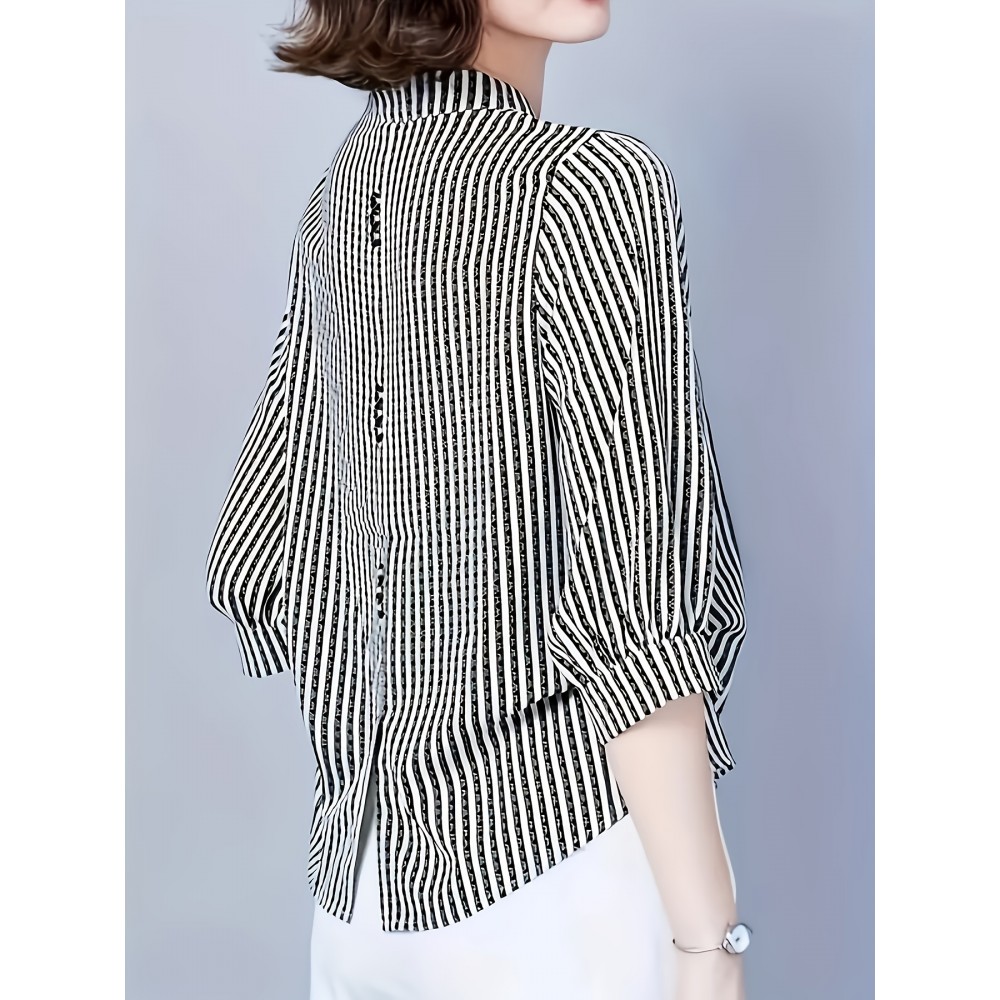 [Breathable Black & White] Elegant Women's Loose V-Neck Shirt With 3/4 Sleeves And An Asymmetrical Hem, Breathable Black And White Stripes For Spring, Summer, And Autumn