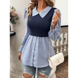 Striped Print Color Block Splicing Blouse, Elegant Long Sleeve Single Breasted Blouse For Spring & Fall, Women's Clothing