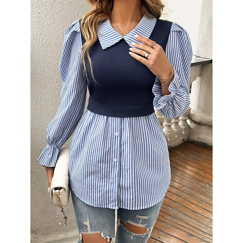Striped Print Color Block Splicing Blouse, Elegant Long Sleeve Single Breasted Blouse For Spring & Fall, Women's Clothing