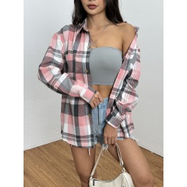 Women's Casual Long Sleeve Gingham Shirt - 100% Polyester Lapel Collar Blouse with Pockets, Regular Fit Plaid Button-Up for Fall/Winter