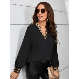 Elegant Women's Leopard Print V-Neck Blouse - Semi-Sheer, Color Block Design, Machine Washable