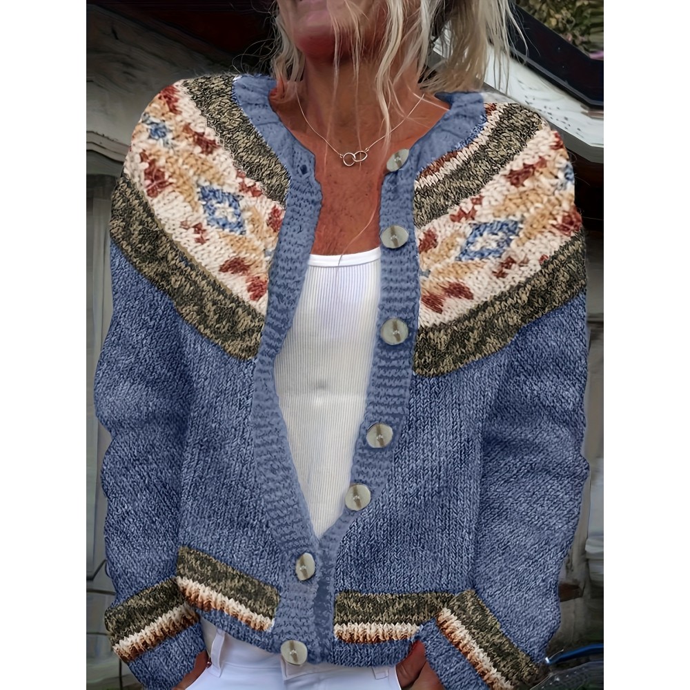 Women's Retro Elegant Geometric Pattern Cardigan Sweater - Blue Brown Beige White Contrast Trim, Round Neck Long Sleeve Button Front Closure, All-Season Machine Washable Sweater for Casual & Formal Outfits, Sweaters Cardigan for Women, Cardigan with Design, Womens Cardigans, Cute Sweater, Winter Cardigan for Women High Quality