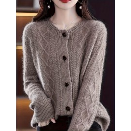 Women'S Elegant Long Sleeve Cardigan - Chic Button-Front Sweater Jacket, All-Season Layering Piece for Office, Party, Everyday - Easy-Care Women'S Outerwear in Neutral Colors (Beige, Brown, Black, Gray, Blue) - Elegant Sweater Coat, Cardigan Sweater, Party Attire, Textured Knitwear, Office Attire, Durable Material, Stylish Coat, Fashion Lovers