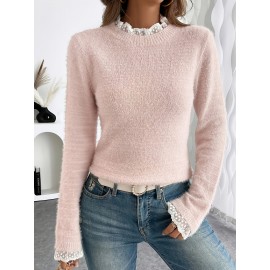 Women's Elegant Round Neck Sweater with Lace Detail on Collar and Cuffs