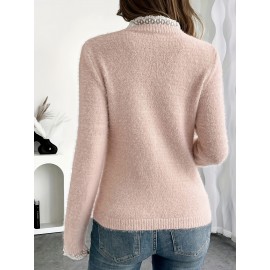 Women's Elegant Round Neck Sweater with Lace Detail on Collar and Cuffs