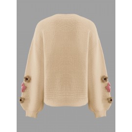 V-Neck Color Block Three-Dimensional Lantern Sleeve Versatile Pullover Top