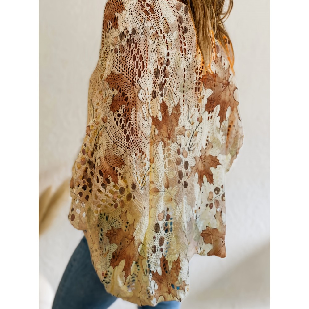 Women'S Off-Shoulder Top with Maple Leaf Print - Casual, Elegant, and Perfect for Vacation, Spring/Summer Collection, Long Sleeve, Loose Fit, Beige, Casual Wear|Elegant Offshoulder Top| Construction, Off Shoulder Top