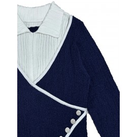 [Women's Navy Blue Sweater] Elegant Fake Two-Piece Sweater for Women | Navy Blue, Waist Accent, Soft Chic, Office & Party Outfits, Machine Washable, Winter, Seasonal Wardrobe Staple, Asymmetrical Detailing, Comfortable Fit, Fashionforward Top, Trendy