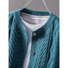 Women'S Vintage Cable Cardigan - Navy Button-Front Sweater with Ribbed Collar, Long Sleeve Casual Open Front Sweater for Spring/Fall, Office, Party