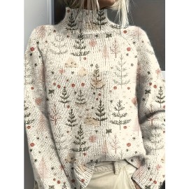 [Elegant High-Neck Sweater] Soft Beige, Women's Elegant High-Neck Sweater with Tree Print | Long Sleeve, All-Season Wear, Perfect for Casual or Chic Outfits, Versatile Clothing | Chic Knitwear | Texture
