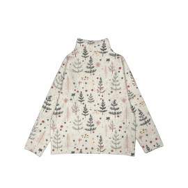 [Elegant High-Neck Sweater] Soft Beige, Women's Elegant High-Neck Sweater with Tree Print | Long Sleeve, All-Season Wear, Perfect for Casual or Chic Outfits, Versatile Clothing | Chic Knitwear | Texture