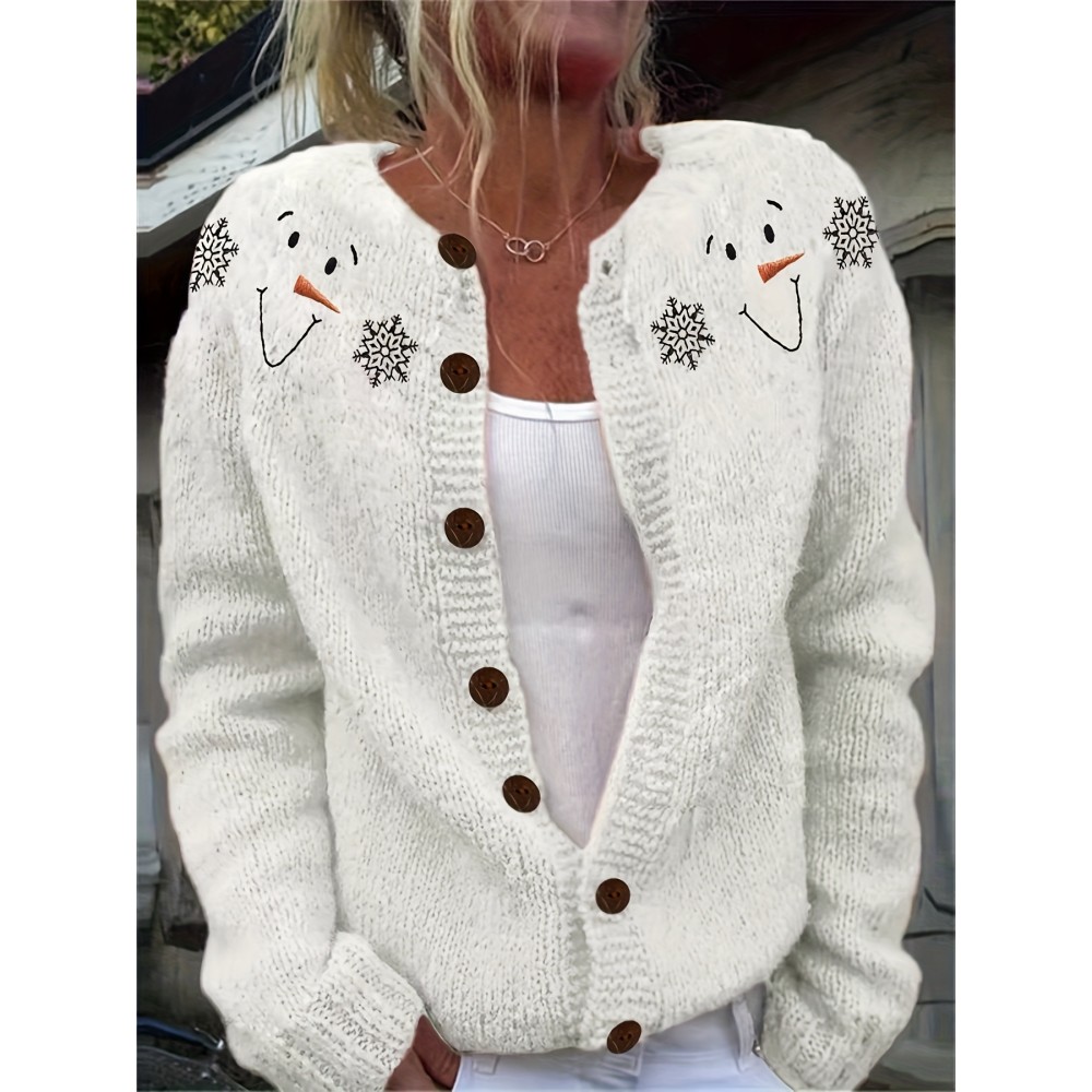 [Winter Sweater] Cozy White 3D Printed Snowman & Snowflake Sweater | Winter Cardigan with Buttons, All-Over Winter Design, Perfect for Young Fashionistas