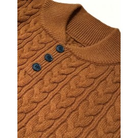 Women's Elegant Cable Sweater - Long Sleeve Pullover Sweater with Stand-Up Collar & Front Button Closure, Chic Fall Winter Sweater for Office, Party, Everyday Outfits - Women's Sweater Clothing, Office Wear, Classic Knitwear, Cozy Fabric, Working Professionals