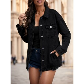 Women'S Plus Size Solid Color Lapel Button With Pocket Denim Jacket, Autumn And Winter Casual Sportswear
