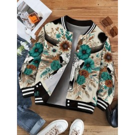 Women's Plus-Size Western Bohemian Cow Skull & Floral Print Jacket - Beige & Teal Cowboy Coat with Button Front, Long Sleeve Bomber for Country Concerts, Fall Winter Outfits - Machine Washable Outerwear
