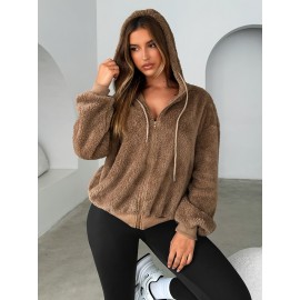 Plus Size Women's Winter Hooded Zip Jacket - Solid Color Sporty College Style Sweatcoat with Hood, Thick Warm Outerwear for Cold Weather, Gym, Skiing & Casual Attire (Machine Washable)