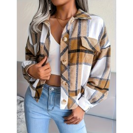 Women's Plus Size Sporty Loose Fit Casual Plaid Shirt Jacket - Long Sleeve Button-Up Front with Golden-Tone Buttons, Classic Collar & Machine Washable, Blue/White/Black/Beige for Fall Winter Layering, Autumn Apparel, Durable Fashion, Casual Attire, Quality Stitching, Everyday Outfit