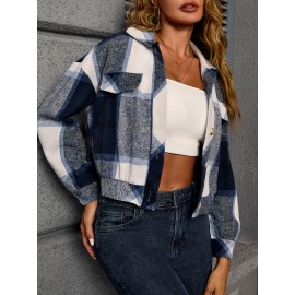 Women's Plus Size Sporty Loose Fit Casual Plaid Shirt Jacket - Long Sleeve Button-Up Front with Golden-Tone Buttons, Classic Collar & Machine Washable, Blue/White/Black/Beige for Fall Winter Layering, Autumn Apparel, Durable Fashion, Casual Attire, Quality Stitching, Everyday Outfit