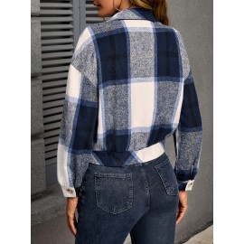 Women's Plus Size Sporty Loose Fit Casual Plaid Shirt Jacket - Long Sleeve Button-Up Front with Golden-Tone Buttons, Classic Collar & Machine Washable, Blue/White/Black/Beige for Fall Winter Layering, Autumn Apparel, Durable Fashion, Casual Attire, Quality Stitching, Everyday Outfit