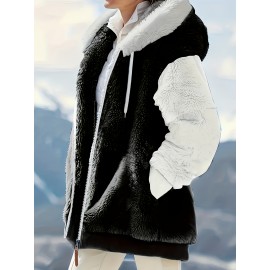 Women'S Plus Size Thick Plush Hooded Coat with Pockets - Solid Color Sporty Winter Jacket, Adjustable Drawstring Hood & Long Sleeves for Autumn & Winter, Cozy Casual Outerwear, Winter Jacket, Cold Weather Apparel, Durable Warmth