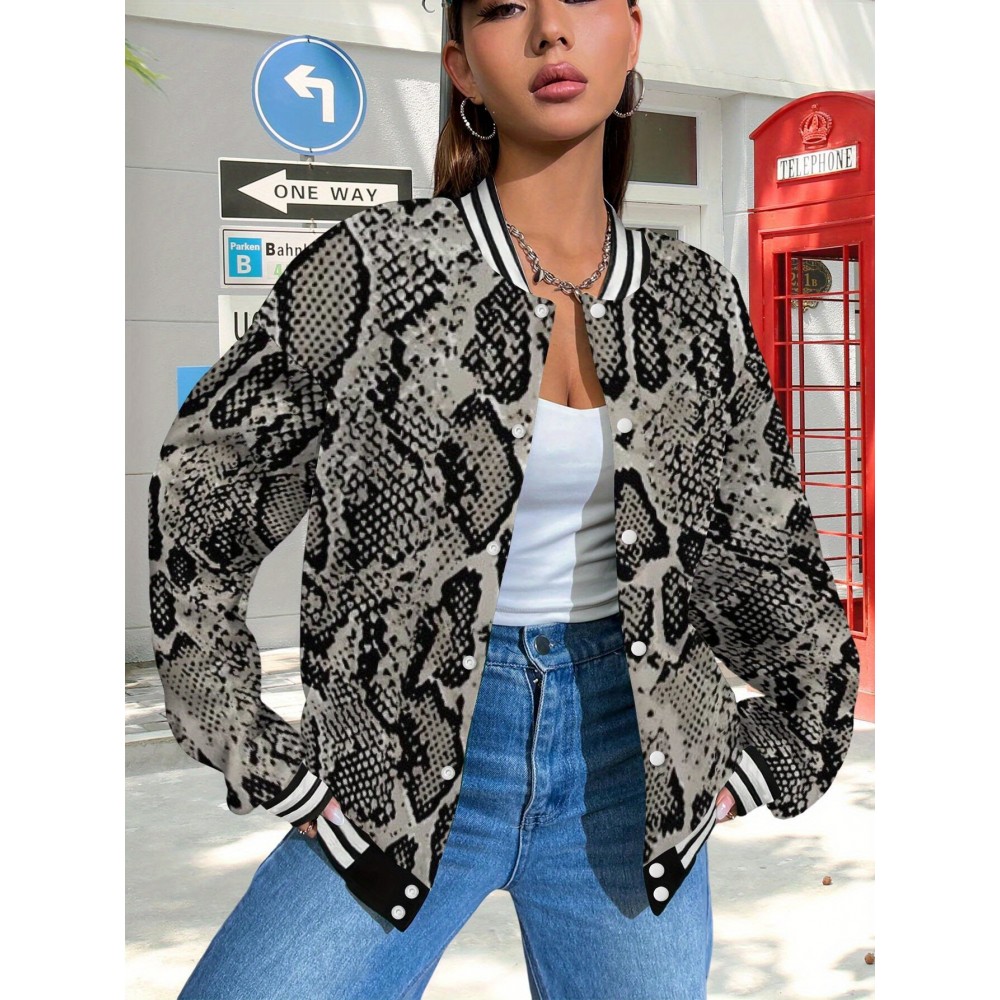 Women'S Snake Print Baseball Jacket Hoodie - Golden Reptile Scale Pattern, Long Sleeve Crewneck Winter Warmth, Regular Fit with Piping Trim & Medium-Stretch Fabric, Casual Outerwear for Everyday & Themed Events, Fall/Winter Layering Piece with Funct