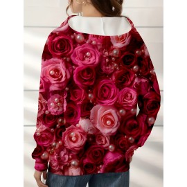 Plus Size Women'S 3D Pink Roses & Pearl Floral Zip-Up Hoodie - Full-Body Print Cozy Pullover Sweatshirt, Long Sleeve Winter Warmth, Casual to Formal Outfits, Ideal Gift for Rose & Pearl Lovers (Autumn/Winter) - Elegant Women'S Fashion