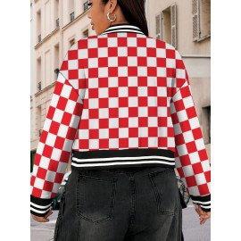 Women's & Unisex Retro Red White Checkered Baseball Jacket - Oversized Long Sleeve Gingham Top, Casual Streetwear Party Festival Outfit, Autumn Winter Warmth, Large Size Comfort Fit, Easy Care Hand Wash/Dry Clean (No Belt/Hardware), Seasonal Fashion, Vintage Aesthetic, Comfortable Fabric, Checkered Top, Fashion Enthusiasts