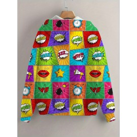 Women's 80s 90s Retro Pop Art Hooded Jacket - Full-Zip H-Line Winter Coat with Lips, Music Notes & Cassette Tapes Print, 3D All-Over Retro Design, Machine Washable Casual Themed Party Outfit (Vibrant 80s/90s Style)