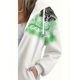 Women's 3D All-Over Floral Full-Zip Hooded Jacket - Green & Black Botanical Print Winter Coat, H-Line Silhouette Long Sleeve Zip-Up Hoodie, Machine Washable Outerwear for Fall & Winter Layering (Casual to Dressy)