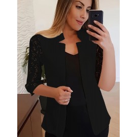 Plus Size - Women'S Elegant Lace Sleeve Blazer - Structured Lapel Collar Tailored Fit Cardigan, Solid Black with Contrast Lace Cuff & Hem, Spring Summer Casual to Semi-Formal Outerwear, Versatile for Everyday & Special Occasions, Lace Blazer for Women Plus Size, Plus Size Lace Blazer for Women Plus Size Coats And Jackets, Formal Lace Blazer for Women, Stretch Blazer For Women