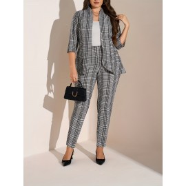 Plus Size - Women'S Plus Size Casual Plaid Suit Set - Open Front Blazer & Pants, Light Gray & White Checkered Pattern, Long Sleeve, Button-Up, Spring/Fall Office or Casual Attire, Casual Attire|Checkered Pattern|Slight Stretch Fabric