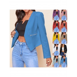 Plus Size, Women's Plus-Size Elegant Mustard-Yellow Blazer with Black Collar & Zipper Pockets - Structured Collar Long Sleeve Tailored Coat, All-Season Versatile Jacket for Casual, Business & Formal Wear - Machine Washable Tailored Fit (Vibrant Yellow) - Front Placket, Notched Collar, Zipper Closure, Solid Color, Suitable for Spring & Autumn, Mature Style, Suitable for Casual Attire, Plus Size Womens Blazer, Oversized Blazer For Women Plus Size,