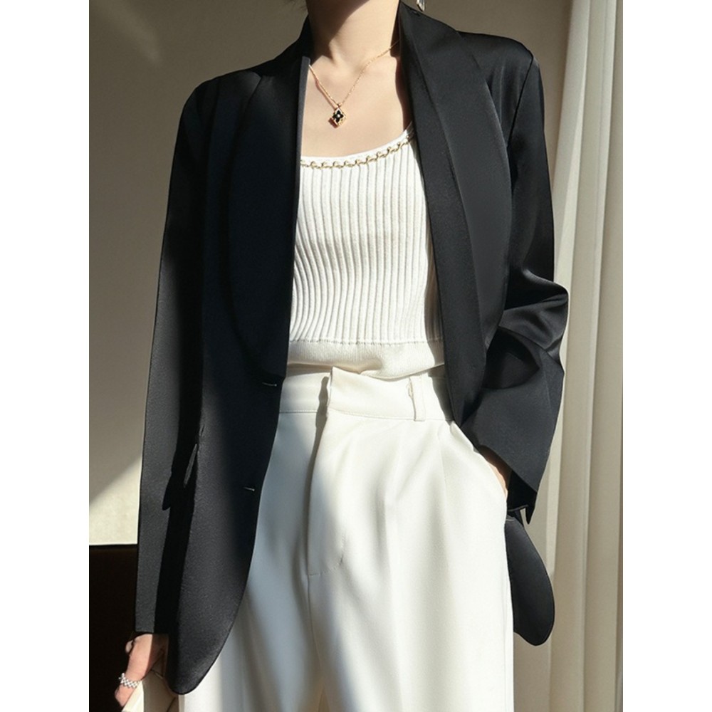 Plus Size - Women'S Luxury -Like Satin Loose-Fitting Suit Jacket - Thin Design Professional High-End Tailored Blazer, Solid Color Elegant Office & Formal Wear, Spring/Autumn Versatile Outerwear for Business, Weddings, Semi-Formal Events - Women'S Fa